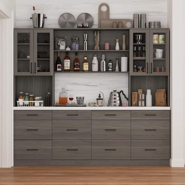 FUFU&GAGA Gray Wooden Grain Wooden 94.5 in. W Food Pantry Cabinet with 12-Drawer, 8-Shelf and White Thickened Large Tabletop