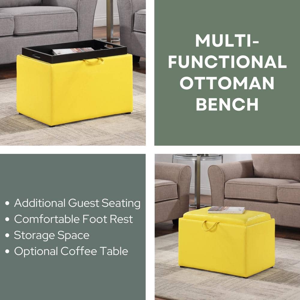 Modern Yellow Faux Leather Accent Storage Ottoman with Reversible Tray