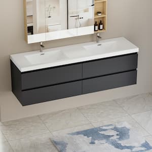 Achilles 71 in. W x 20 in. D x 22.5 in. H Double Sink Floating Bath Vanity in Gloss Black with White Resin Top