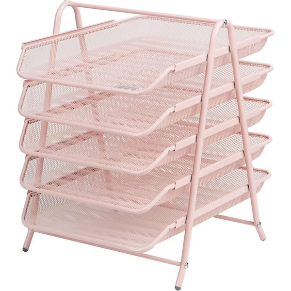 Pink 11.8 in. x 15 in. Metal Desk Organizer Tray with 5 Sliding Trays