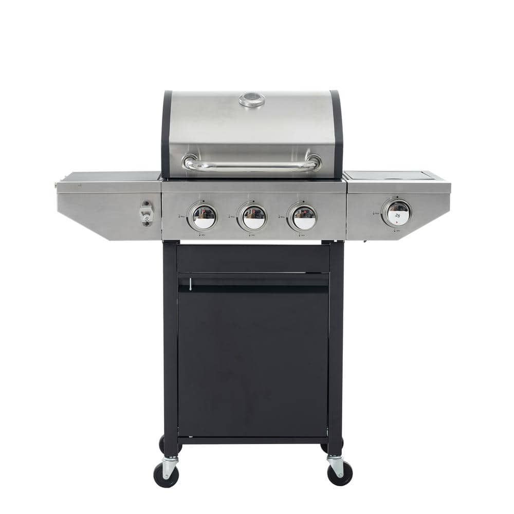 Outdoor Portable Freestanding Propane Gas Grill in Silver, 3 Burner BBQ Grill Gas Grill with Side Burner and Thermometer