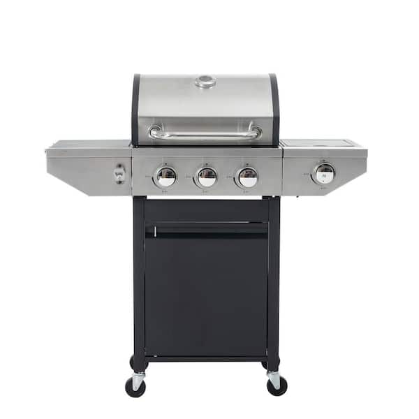 Unbranded Outdoor Portable Freestanding Propane Gas Grill in Silver, 3 Burner BBQ Grill Gas Grill with Side Burner and Thermometer