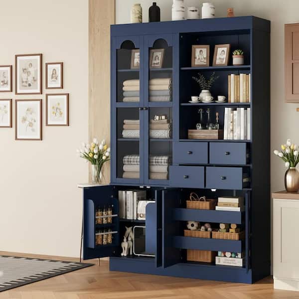 47.2 in. W x 15.7 in. D x 75 in. H Freestanding Wood Kitchen Pantry Cupboard in Blue with 4-Door and 2-Pull-Out Trays