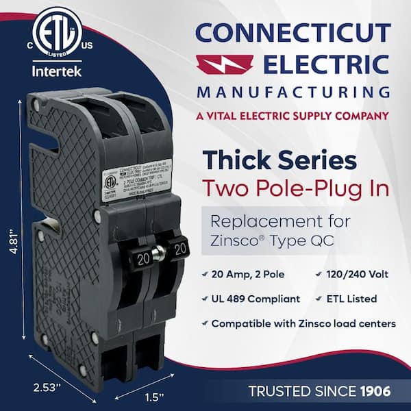 Zinsco New UBIZ Thick 20 Amp 1-1/2 in. 2-Pole Zinsco Type QC20