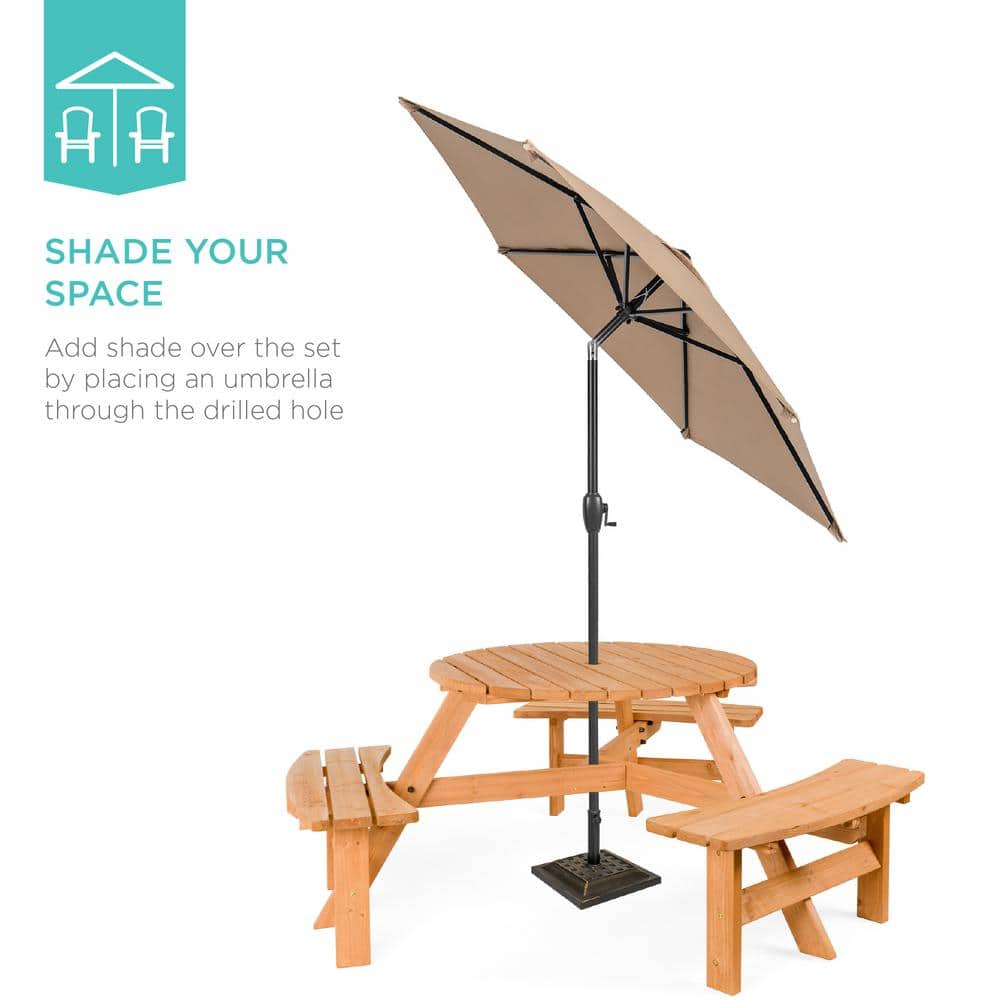Natural Wood 6-Person Circular Picnic Table with Benches
