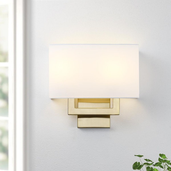 Celina 13 in. 2-Light Brass Wall Sconce Light With White Shade