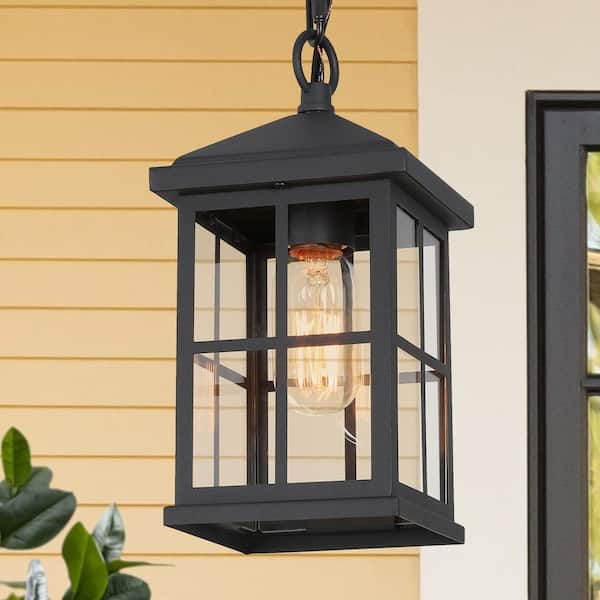 LNC Modern Black Small Outdoor Pendant 1-Light Farmhouse Hanging Lantern with Clear Glass Shade for Covered Porch Patio Deck