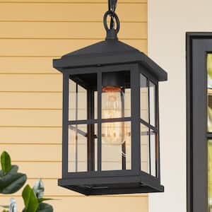 Modern Black Outdoor Pendant Light 1-Light Farmhouse Hanging Lantern with Clear Glass Shade for Covered Porch Patio Deck
