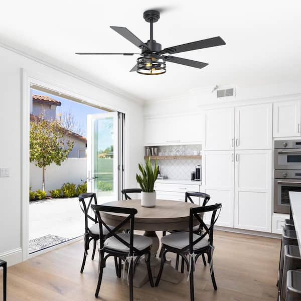 52 in. Indoor Industrial Matte Black Caged Ceiling Fan with Light Kit, Reversible Blades and Remote Included