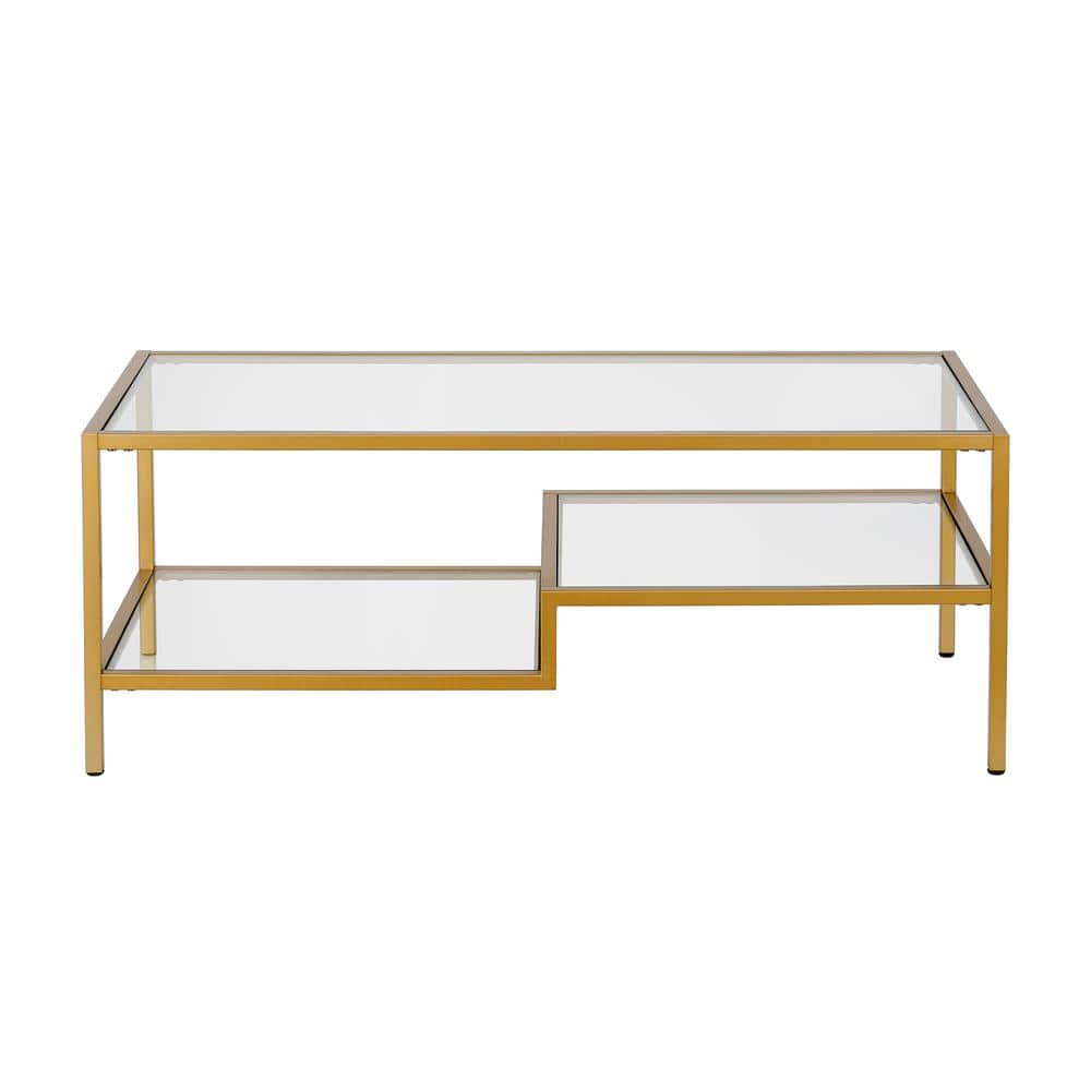 Contemporary Brass and Glass Double-Tiered Coffee Table