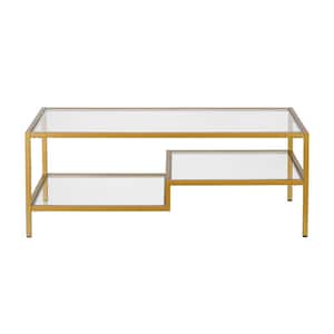 Lovett 45 in. Brass Large Rectangle Glass Coffee Table with Shelf