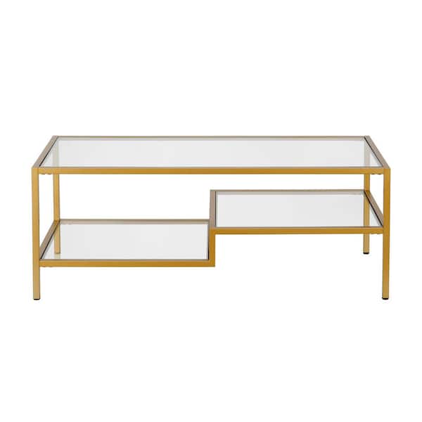 Meyer&Cross Lovett 45 in. Brass Large Rectangle Glass Coffee Table with Shelf