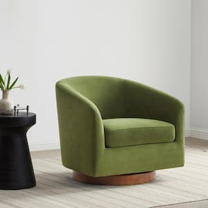 Nereus Forest Green Velvet Swivel Accent Chair with Arms and Wood Base