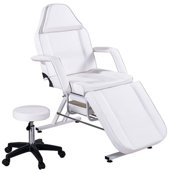 White Massage Leather Chair Esthetician Bed with Hydraulic Stool Multi Purpose 3 Section Facial Bed Table Adjustable