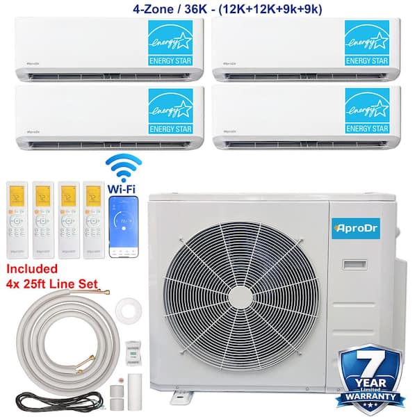 4-ZoneEnergy Star Wi-Fi 36,000 BTU 230V 21 SEER2 Mini Split AC w/Heat Pump 12K-12K-9K-9K BTU Heads 25 ft. Lineset x 4