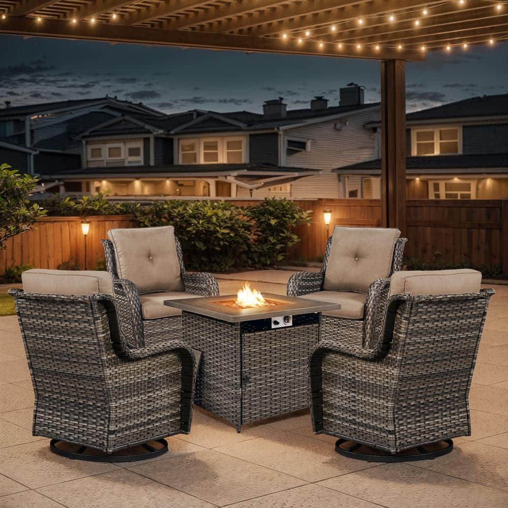 Gray 5-Piece Wicker Patio Fire Pit Set, Outdoor 4-Person Seating Set with Olefin Gray Cushions and Swivel Rockers price history on PriceWatchPro