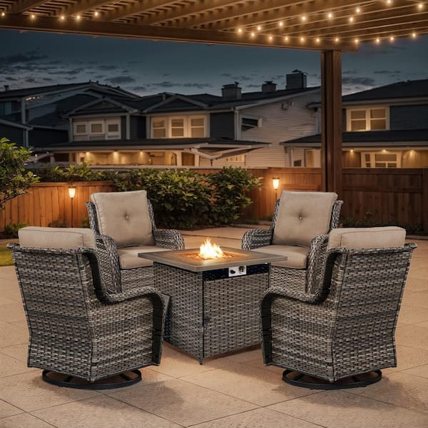 Gray 5-Piece Wicker Patio Fire Pit Set, Outdoor 4-Person Seating Set with Olefin Gray Cushions and Swivel Rockers