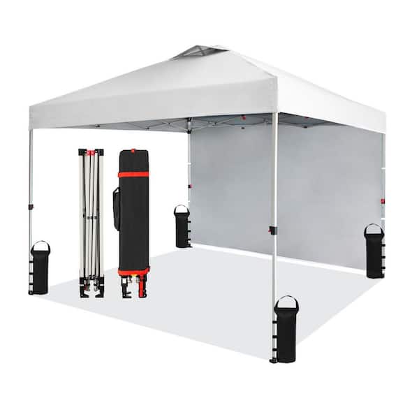 10 ft. x 10 ft. White Pop Up Canopy with Side Wall - One Push Setup, STO-N-Go Cover Bag
