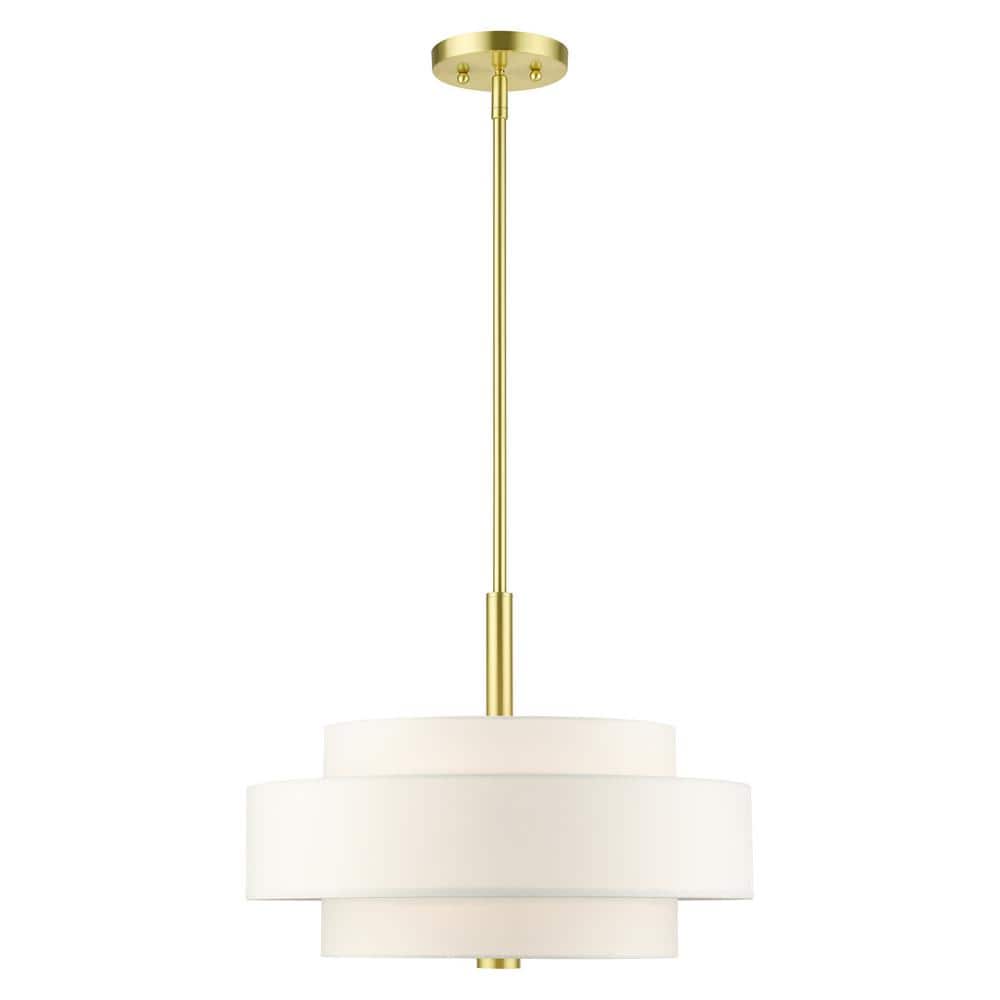 Satin Brass 4-Light Drum Chandelier with Off-White Shade