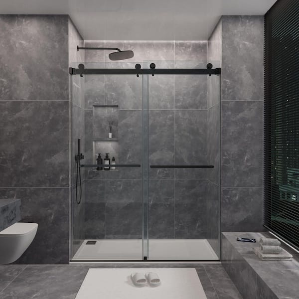 60 in. W x 72 in. H Sliding Frameless Shower Door in Matte Black with 3/8 in. Clear Glass
