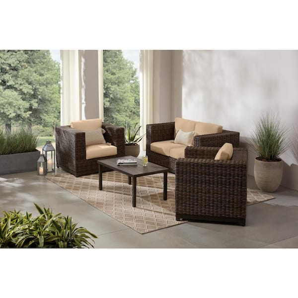 Hampton Bay Fernlake 4-Piece Brown Wicker Outdoor Patio Deep Seating Set with Sunbrella Beige Tan Cushions