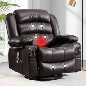 Modern Brown PU Leather Manual Recliner Chair with USB and 2 Cup Holders, 360° Rotation Massage Heated Single Sofa Chair