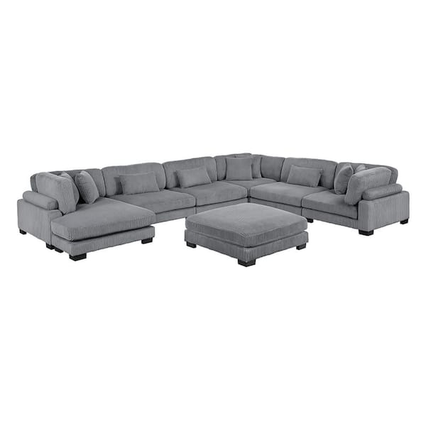 Turbo 135 in. Pillow Top Arm 7-Piece Corduroy Fabric Modular Sectional Sofa in Gray with Reversible Chaise and Ottoman