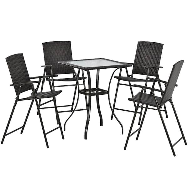 Unbranded 5-Piece Outdoor PE Wicker Bistro Set with Umbrella Hole and 4 Foldable Chairs without Umbrella