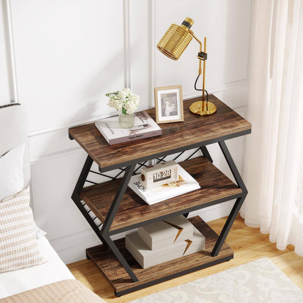 Rustic Brown Wood and Black Metal 3-Tier End Table