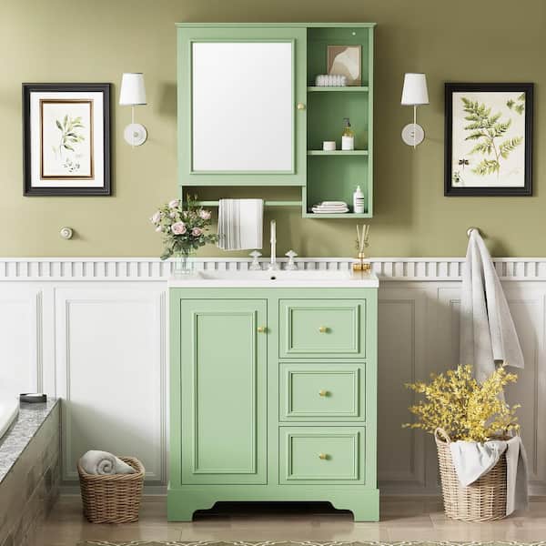Tenleaf 30 in. W. Single Sink Freestanding Bath Vanity in Green with White Ceramic Top and Mirror