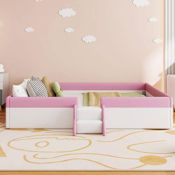 Pink Wood Frame King Upholstered Platform Bed with Fence and Stairs