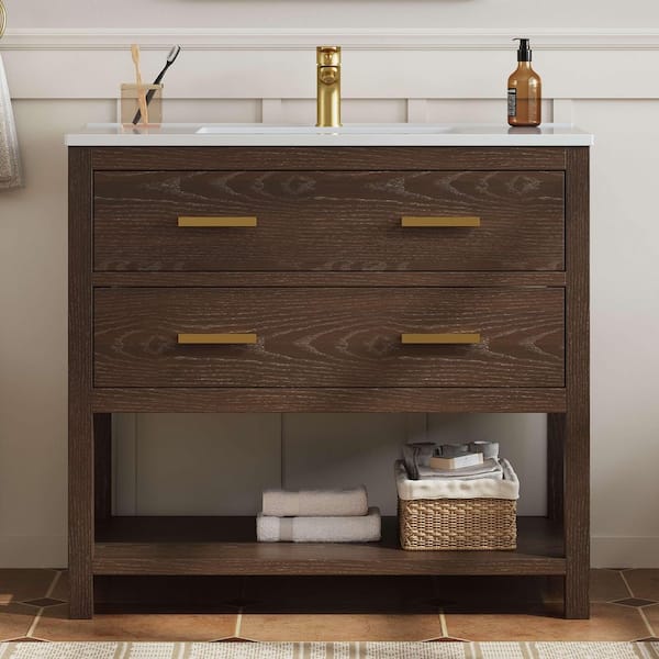 Magen 37 in. Single Sink Bath Vanity in Walnut with White Engineered Solid Surface Top and 2 Drawers (Unassembled)