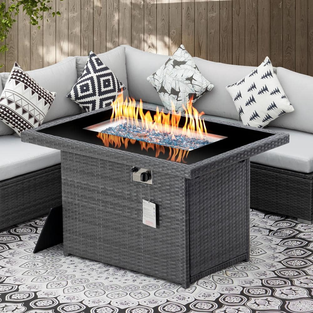 Gray 43 in. Rectangle Wicker 55000 BTU Outdoor Fire Pit Table Propane Gas w