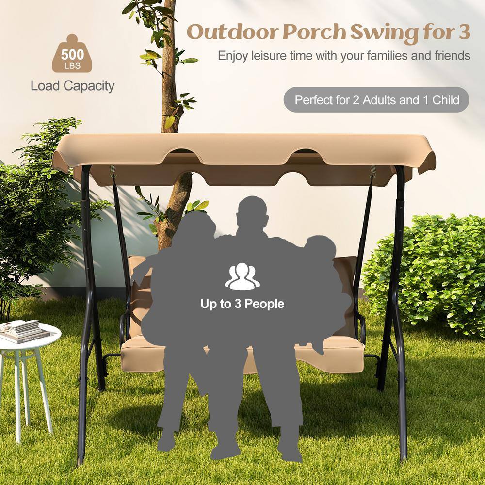 Beige Metal Frame Outdoor Patio Swing with Adjustable Canopy