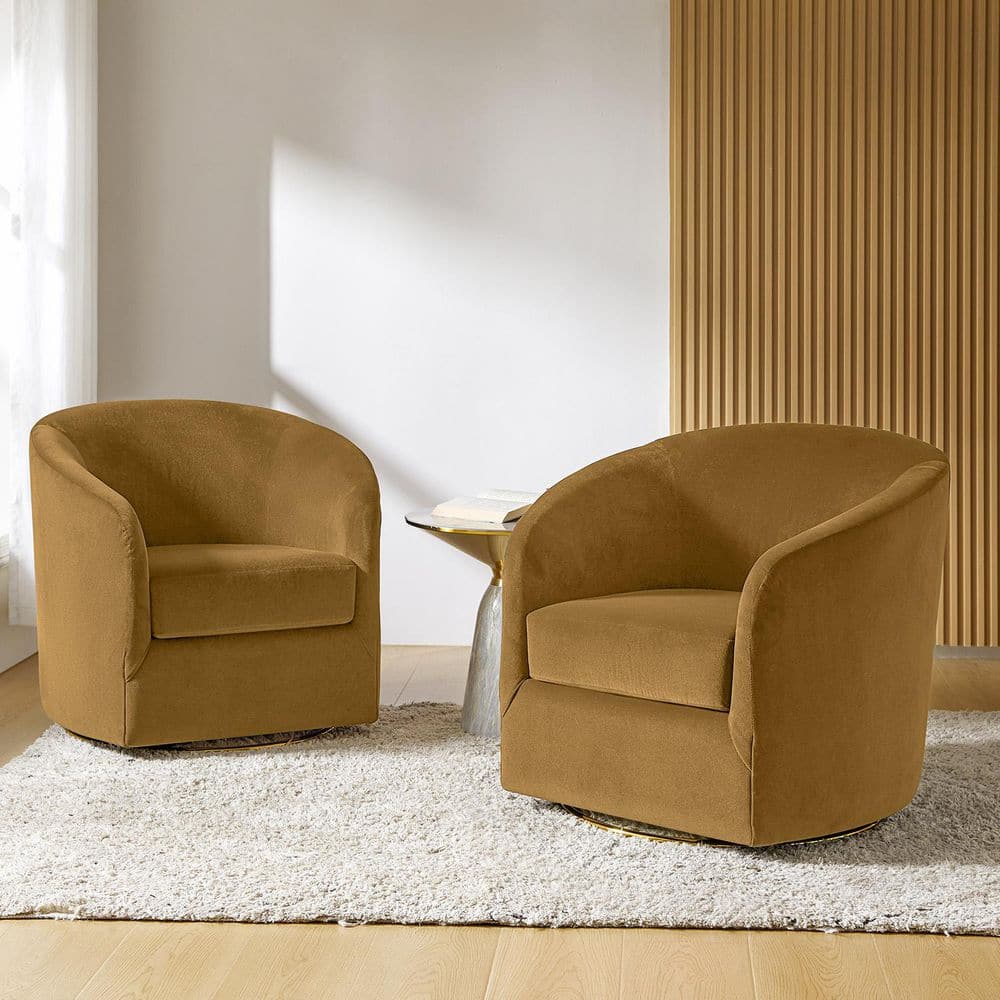 Estefan Golden Comfy Velvet Swivel Barrel Chair Set of 2 with Metal Base