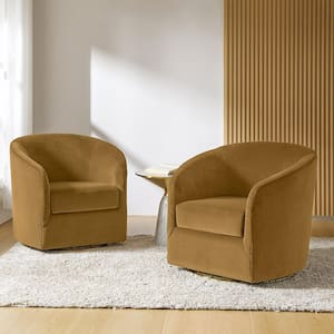 Estefan Golden Comfy Velvet Swivel Barrel Chair Set of 2 with Metal Base