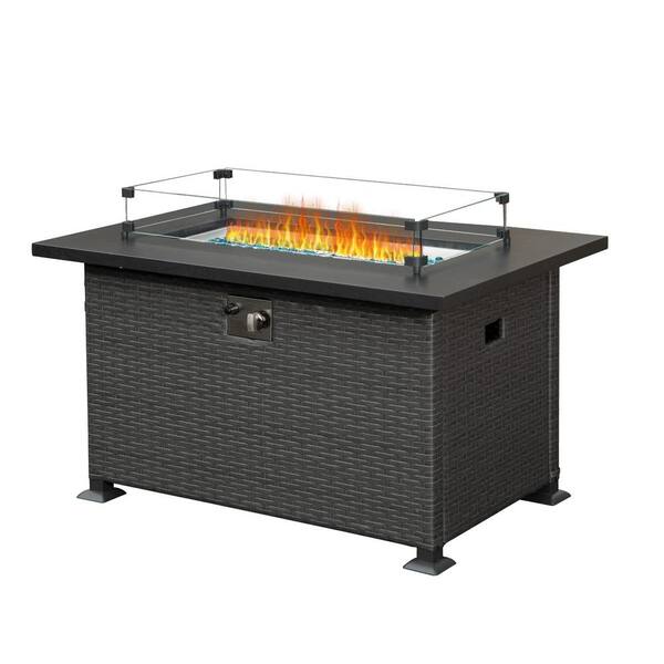 Dark Gray 43.3 in. Outdoor Wicker Gas Fire Pit Table with