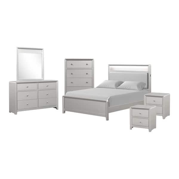Alwin 6-Piece Champagne Wood Frame Full Panel Bedroom Set with LED on Bookcase Headboard and USB Ports on Both Sides