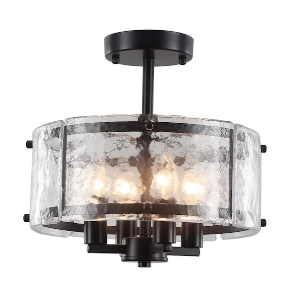12.59 in. 4-Light Matte Black Round Drum Semi-Flush Mount with Frosted Glass and No Bulbs Included