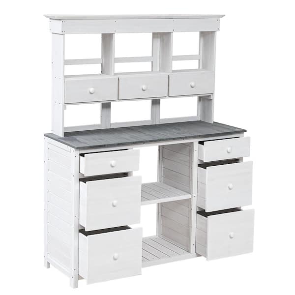 Unbranded Rustic and Sleek Design 50.1 in. W x 65.7 in. H White Garden Potting Bench Table with Drawers and Shelves