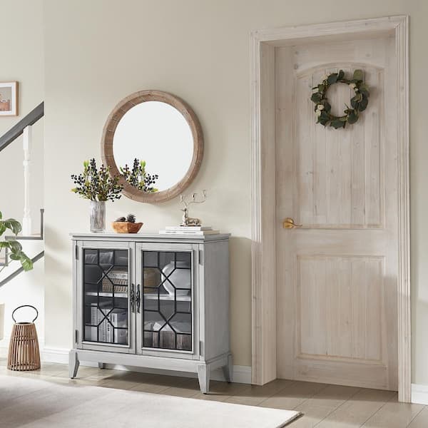 FARATI Antique White Wood 36 in. Sideboard Cabinet with Adjustable Shelves and Glass Doors Living Room Storage Buffets
