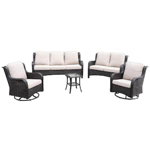 Monet Brown 5-Piece Wicker Patio Conversation Seating Sofa Set with Beige Cushions and Swivel Rocking Chairs