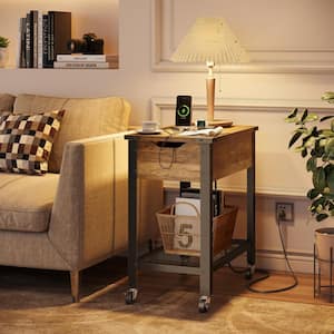 23.62 in. Weathered Rustic Oak Versatile End & Side Table with Removable Top, Casters, Outlet, and Storage Shelf