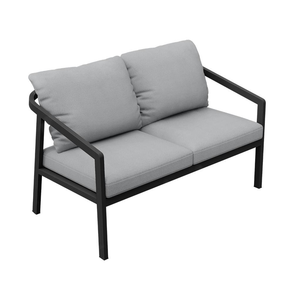 Black aluminum outdoor loveseat with grey cushions.