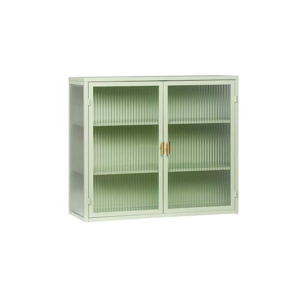 Unbranded 27.56 in. W x 9.06 in. D x 23.62 in. H Metal Iron Bathroom Storage Wall Cabinet in Mint Green with Glass Doors