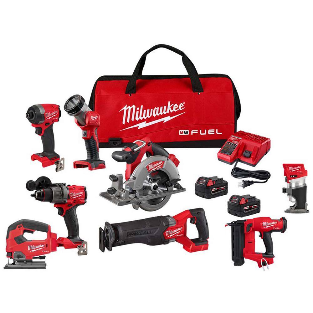 Milwaukee M18 FUEL 18-Volt Lithium-Ion Brushless Cordless Combo Kit (5-Tool) with Compact Router, Jig Saw and 18-Gauge Brad Nailer -  3697-25-2