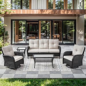 Black 5-Piece Wicker Patio Conversation Set with Swivel Rockers, Outdoor Sofa Seating Set with Olefin Beige Cushions