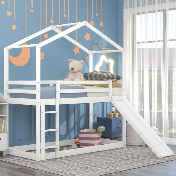 Harper & Bright Designs Detachable Style White Twin over Twin Wood House Bunk Bed with Slide and Built-in Ladder