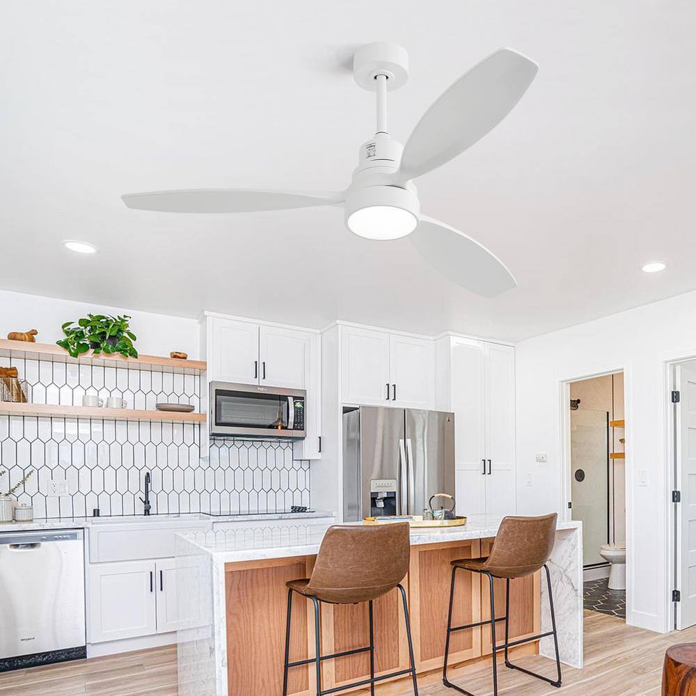 52" Matte White Wood Blades Ceiling Fan with LED Light and Remote