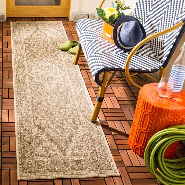 Beach House Beige/Cream 2 ft. x 6 ft. Border Floral Indoor/Outdoor Patio  Runner Rug